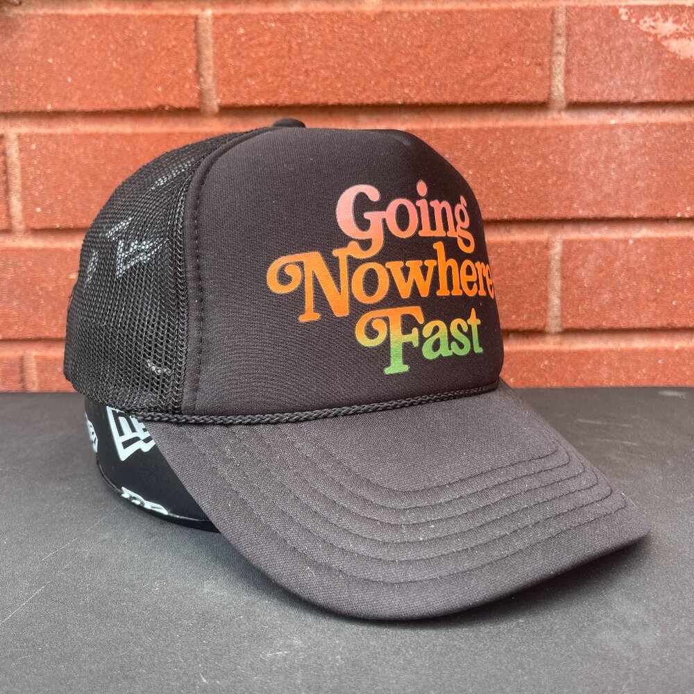 Going Nowhere Fast Trucker Hat Retro Gradient Print Black Mesh Snapback